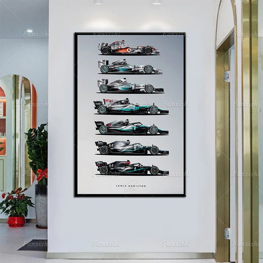 Mercedes AMG Formula 1 Lewis Hamilton World Championship Cars Wall Art Print on Canvas