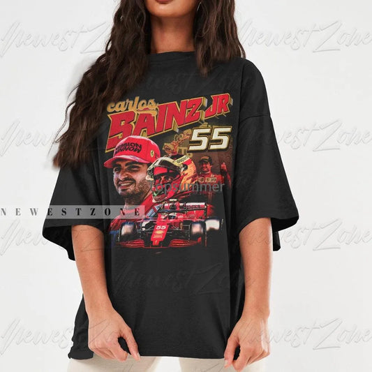 F1 Ferrari Carlos Sainz 55 T Shirt Vintage Design Graphic Men's Fan's Merchanise